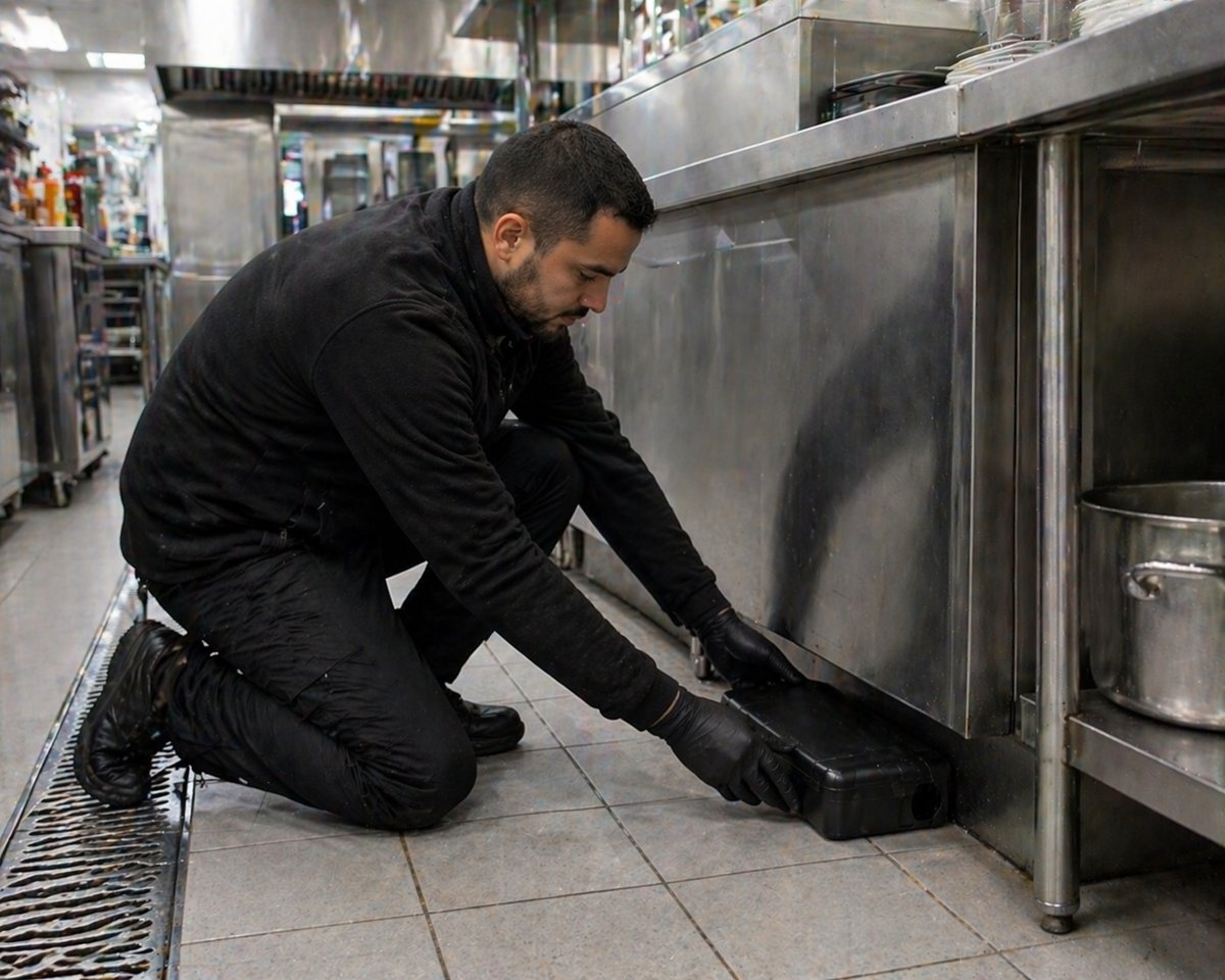 Technicien ASEPTIA posant un poste d'appâtage verrouillé dans une cuisine de restaurant à Marseille
