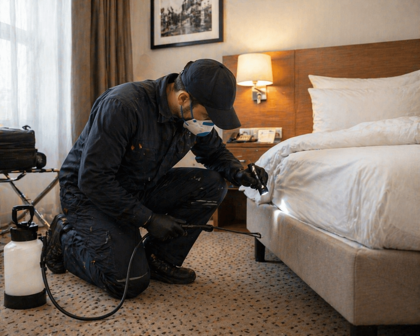 Technicien ASEPTIA inspectant les coutures d'un matelas à la recherche de punaises de lit