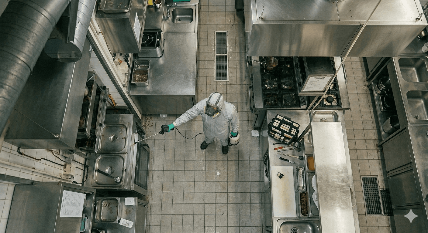 Technicien ASEPTIA traitant une cuisine contre les cafards